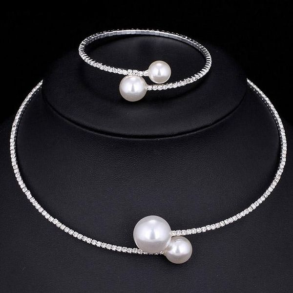

earrings & necklace ly fashion women simple simulated pearl bridal jewelry sets crystal wedding necklace+bracelet set do99, Silver