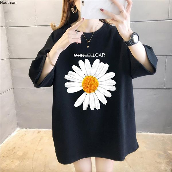 

women's t-shirt houthion casual fashion loose plus size mid-length t shirt daisy letter print short sleeve o-neck top, White