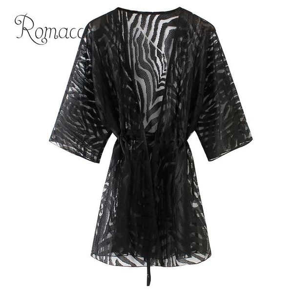 

romacci semi sheer tunics for beach women kimono cardigan solid open front boho loose outerwear bikini cover up black women's blouses &, White