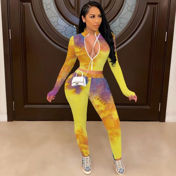 

women's two piece pants autumn winter sets set print fashion clothes long sleeve zipper crop skinny pencil casual tracksuits, White