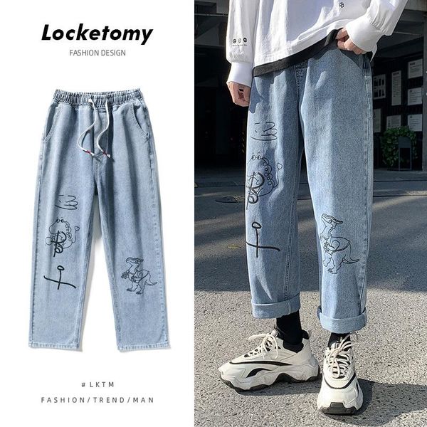 

men's jeans 2021 spring and summer casual japan south korea loose straight print washed nine-point wide-leg pants, Blue