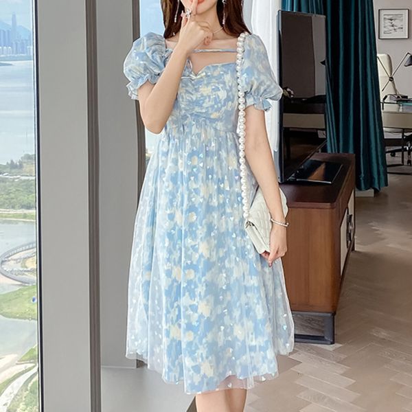 

casual dresses 2021 summer sleeve french fairy women love blue mesh chiffon boho beach holiday party robe femme p4dj, Black;gray
