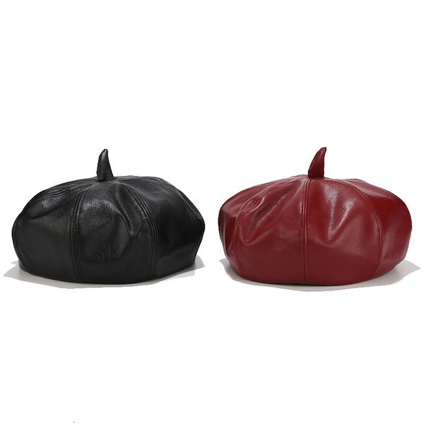 

ins beret women's fashion fashion fashion hat autumn winter pu leather bud hat art painter hat, Blue;gray