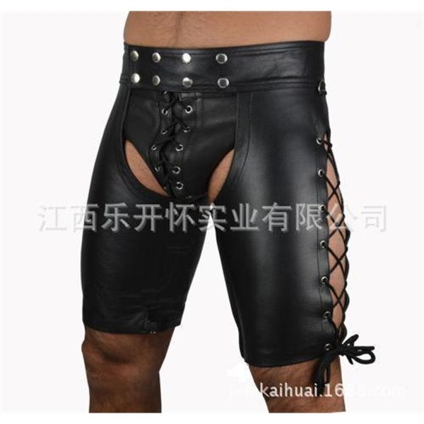 

underwear men's tight open crotch shorts simulation leather pants, Black;white