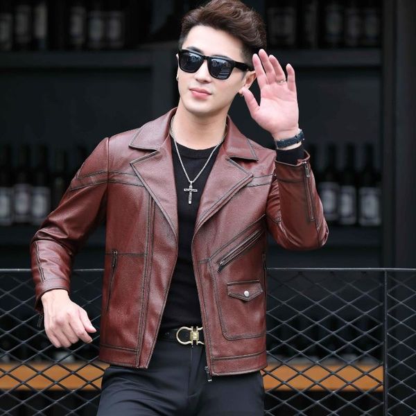 

men's leather & faux 2021 spring and autumn sheep genuine clothes men 's casual thin suit collar jacket, Black