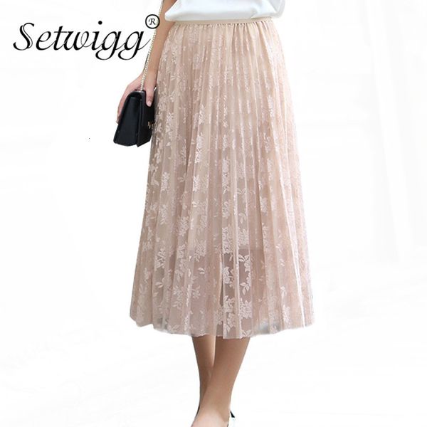 

skirts spring sweet long pleated elastic waist high floral lace mesh perspective lined mid-calf skirts, Black