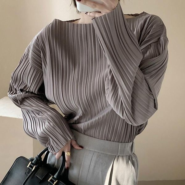 

women's blouses & shirts autumn pleated solid shrits long sleeve o-neck simple all-match chiffon korean chic women office lady blusas 7, White