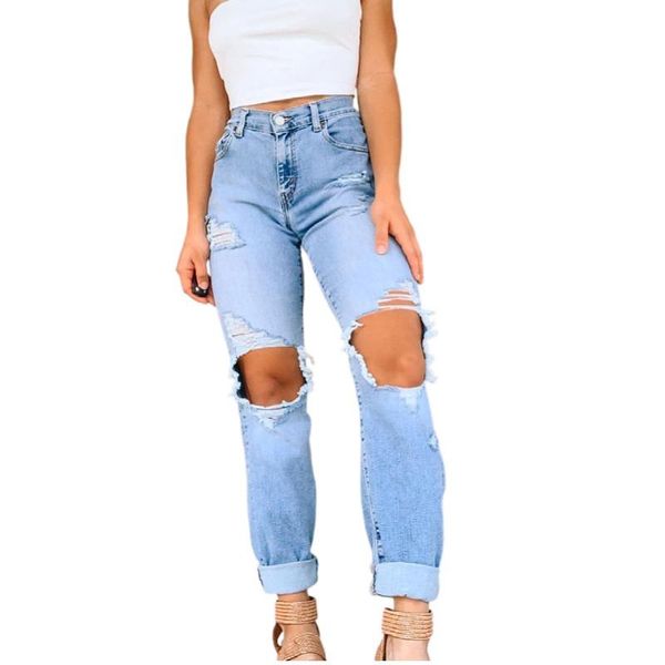 

women's jeans women ripped high waist straight leg slimming denim trousers causal vintage full length hole loose mom boyfriend pants, Blue