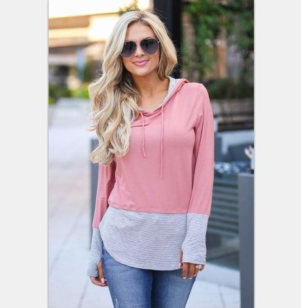 

women's hoodies & sweatshirts 2021 spring explosion models slim stripes stitching solid color hooded long-sleeved shirt, Black