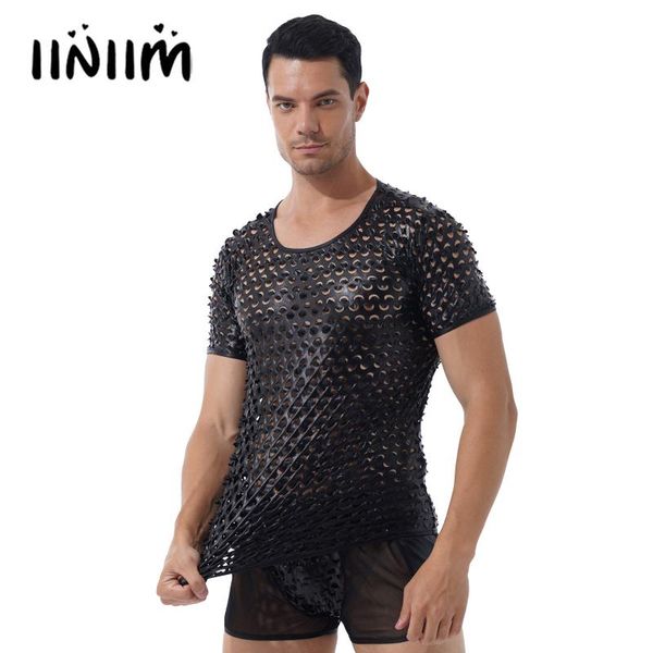 

men's tracksuits mens clothing faux leather club bar set dance show outfits hollow out short sleeve t-shirt with sheer mesh patchwork s, Gray