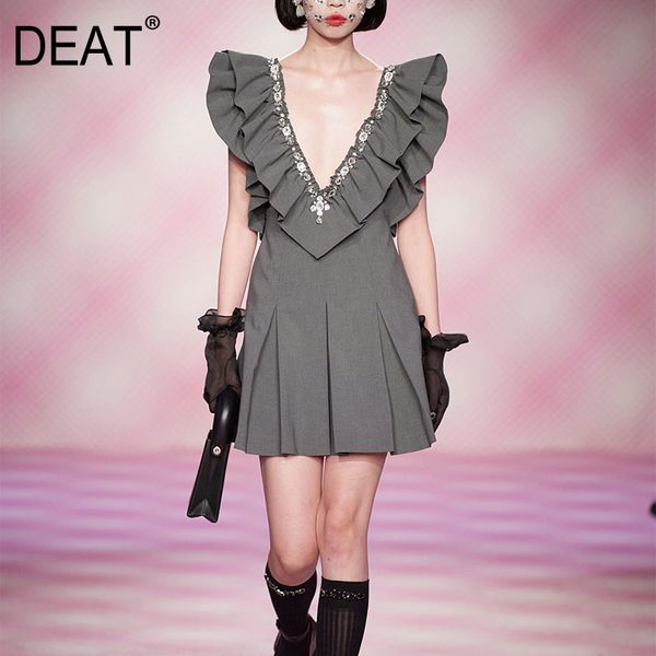 

women gray patchwork diamond folds backless dress v-neck short butterfly sleeve slim fashion tide summer 7d0746 210421, Black;gray