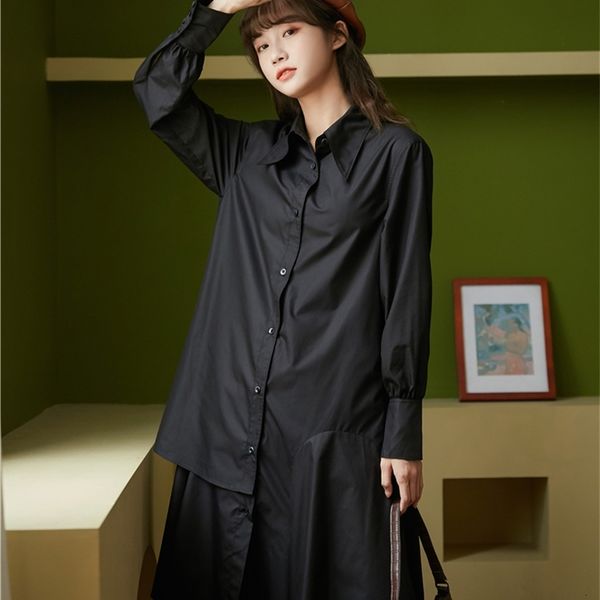 

casual dresses autumn designer asymmetrical shirt women long sleeve button up collar black fashion nptd, Black;gray