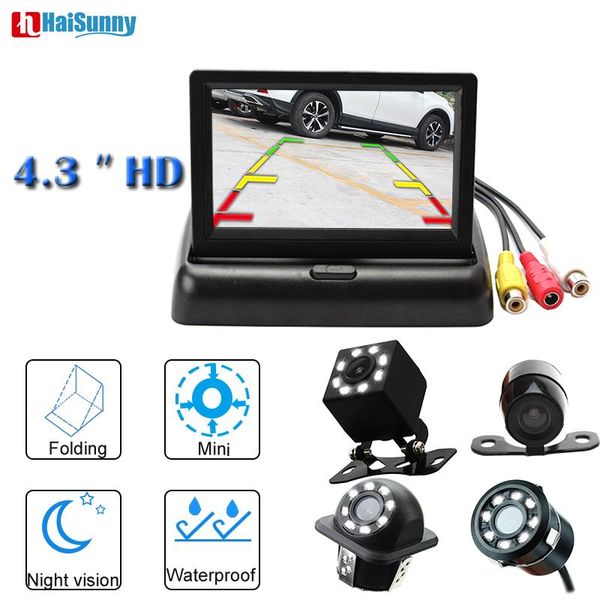

car video haisunny parking system monitors foldable 4.3 inch with 8 led lights night vision reverse backup rear view camera cam