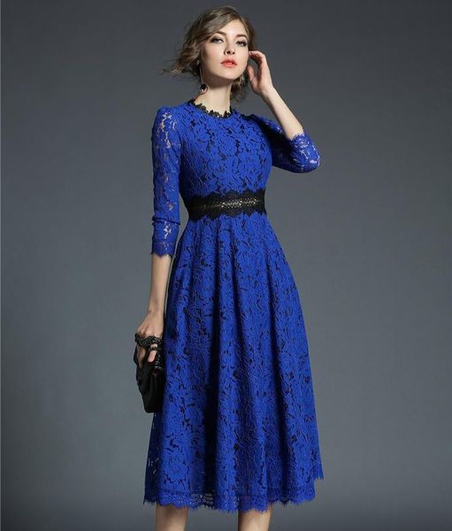 

casual dresses 2021 women lace floral crochet hollow out vestido patchwork slim office party long dress c75, Black;gray