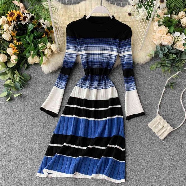 

dress autumn winter pullover knitted women korean style flare sleeve casual vintage striped o-neck long sweater robe femme oq7d, Black;gray