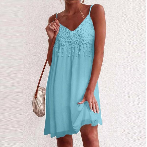 

casual dresses summer dress women solid v-neck strap open back lace sleeveless mini plus size clothing beach, Black;gray