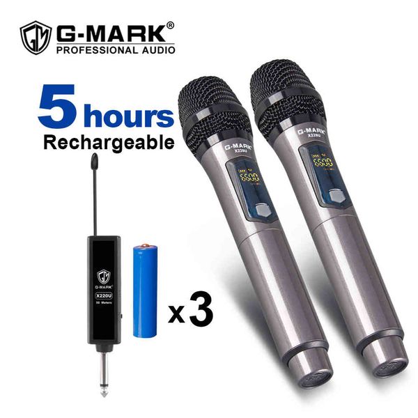 G-Mark X220U UHF Kablosuz Mikrofon Kayıt Karaoke El 2 Kanal Lityum Pil 50 M Alma Mesafesi