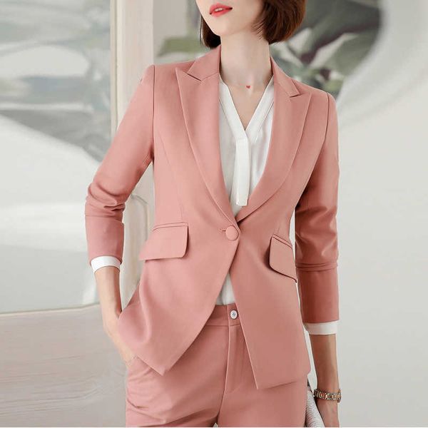 Completo da donna professionale da ufficio, pantaloni slim, giacca rosa con bottone singolo e pantaloni selvaggi, set gonna alla moda in due pezzi 210527