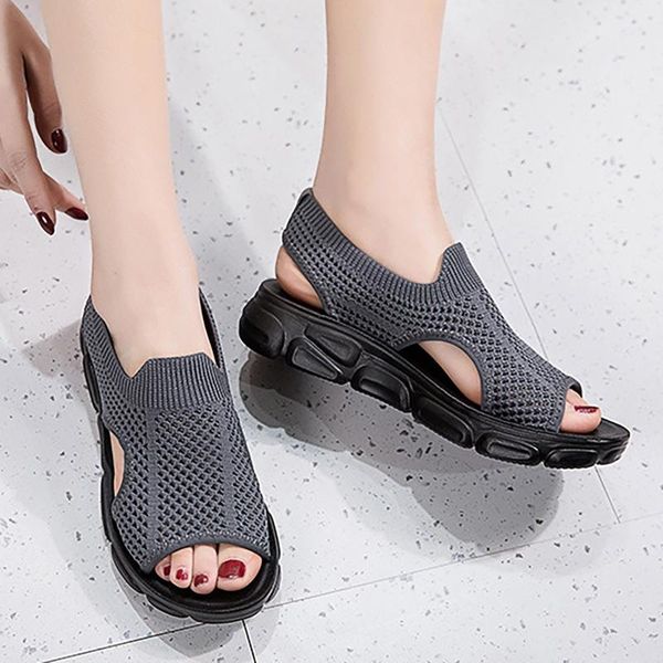 

sandals summer women mesh beach casual shoes flat 2021 hollow out breathable open toe sandalias mujer, Black