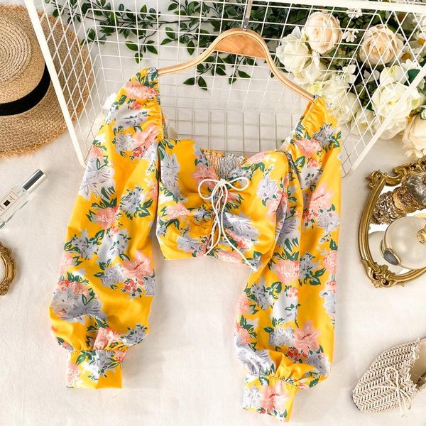 

women's blouses & shirts floral print women square neck stretch slim puff long sleeve drawstring short blusas mujer t2081, White