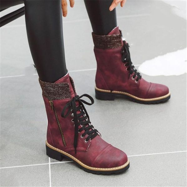 

boots pxelena zipper lace up winter shoes women combat low heels knight motorcycle punk goth plus size1, Black