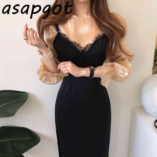 

asapgot chic korea o neck transparent chiffon lantern sleeve shirt lace stitching black spaghetti strap dress retro wild 210429, Black;gray