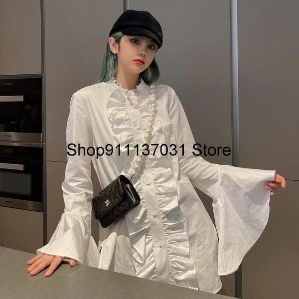 

spring luxury women ruffles flare sleeve white cotton shirt ladies casual blouse ddxgz2 2.24 women's blouses & shirts