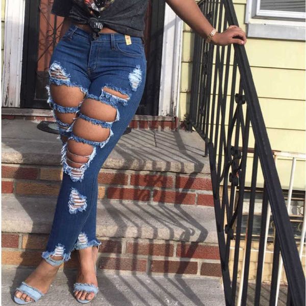 

women high waist casual jeans washed distressed hole street ripped stretch skinny denim pants lady pencil 210927, Blue