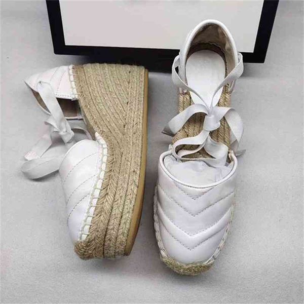 

sandals designer women espadrille strap round wedge heel heels fashion genuine leather fisherman wedding dress party shoes with box 43js, Black
