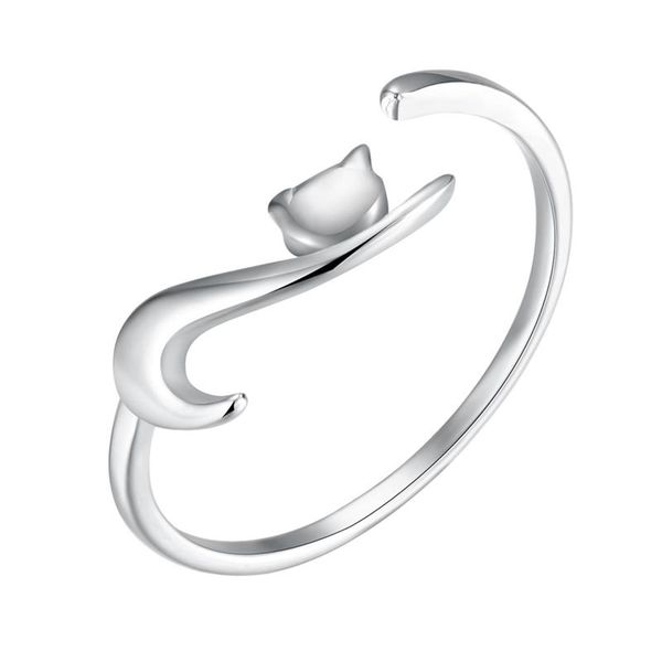

creative personality silver plated sticky cat with long tail finger ring women adjustable engagement jewelry cluster rings, Golden;silver