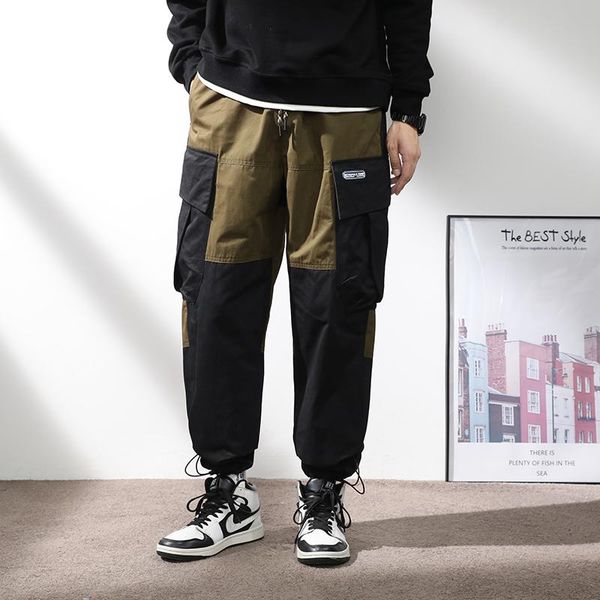 

men's pants 2021 mens cotton cargo streetwear muti pockets ribbons wide leg trousers, Black