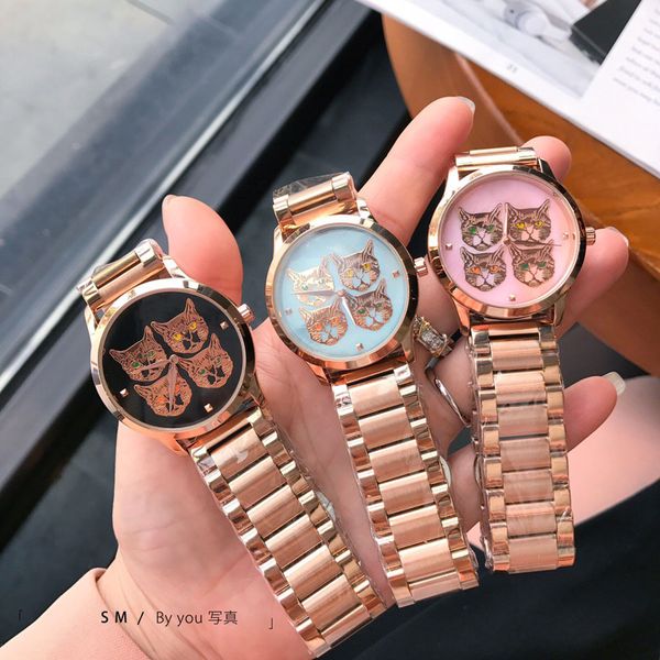 Modemarke Uhren für Frauen Lady Gril Cat Stil Edelstahlband Quarz-Armbanduhr G91211P