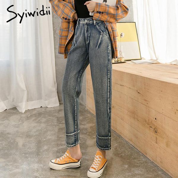 

women's jeans syiwidii mom woman harem pants vintage elastic waist high washed plus size streetwear denim 2021, Blue