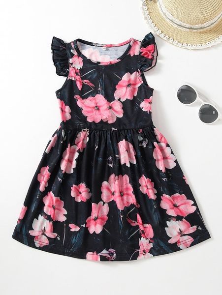 

toddler girls 1pc floral print ruffle sleeve dress she, Red;yellow