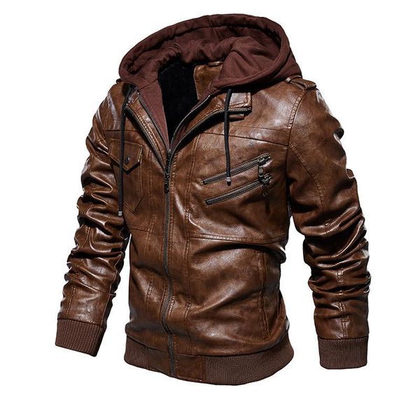 

men's leather & faux winter warm fleece jackets and coats autumn men hat detachable outwear motorcycle pu jacket m-4xl mwdg, Black