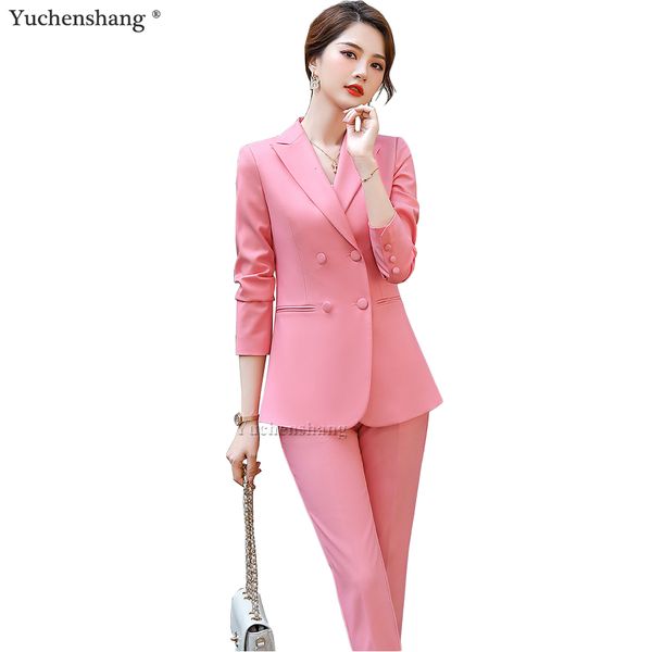 

women's suits & blazers fashion double breasted ladies business pant suit pink blue black yellow formal 2 piece coat blazer set women j, White;black