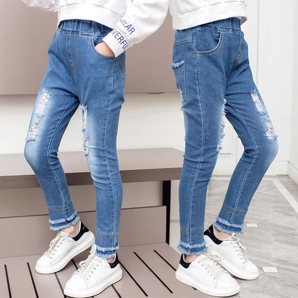 

jeans spring autumn casual kids elastic feet are thin and sweet ripped pants design trousers girls burrs children's clothing, Blue