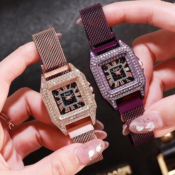 

wristwatches luxury square crystal rhinestone bracelet stainless steel magnetic quartz watch analog wrist clock reloj, Slivery;brown