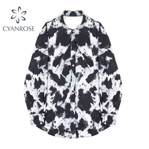 

retro tie dye blouses women's cardigan shirts irregular lapel collar elegant loose long sleeve streetwear blusas grunge 210430, White