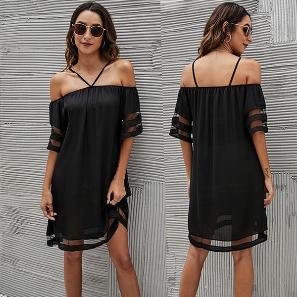 

summer 2021 new chiffon dress mesh stitching halter skirt casual beach skirt mini skirt, Black;red