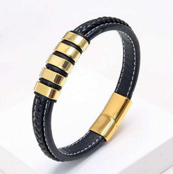 

charm bracelets stainless steel men's bracelet gold metal rope chain bangles genuine leather classic male jewelry, Golden;silver