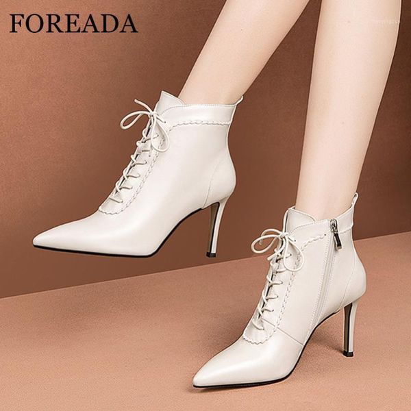 

boots foreada high heel pointed toe woman real leather ankle lace up thin shoes zipper ladies short beige black1, Black