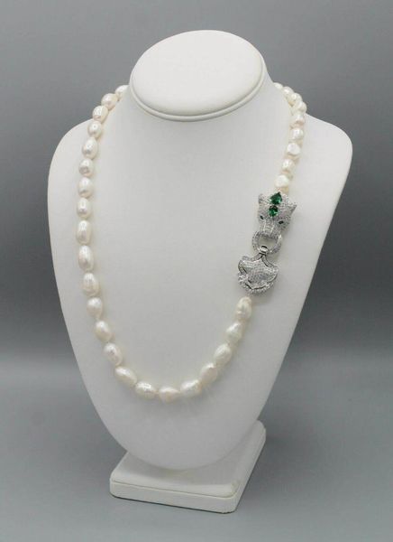 

chains hand knotted 10-12mm white baroque freshwater pearl necklace micro inlay zircon leopard head clasp 60cm fashion jewelry, Silver