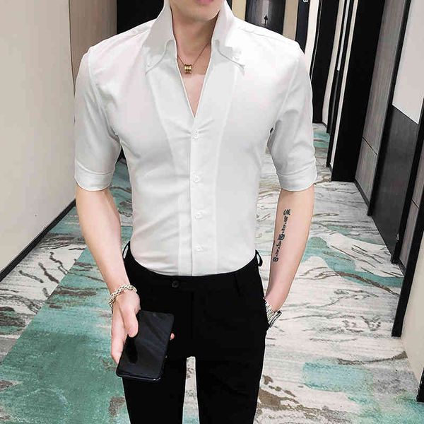 

men's casual shirts high-quality neckline in v-tuxedo shirt half-sleeve make streetwear thin fit homme 3xl- blouse fqej, White;black