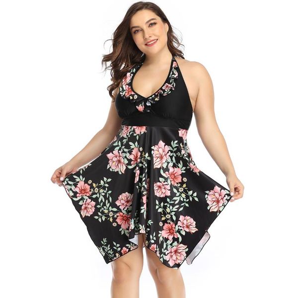

one-piece suits big size women's swimsuit split halter swimwear with skirt printed dress 2 piece bathing suit plus and chubby large bea
