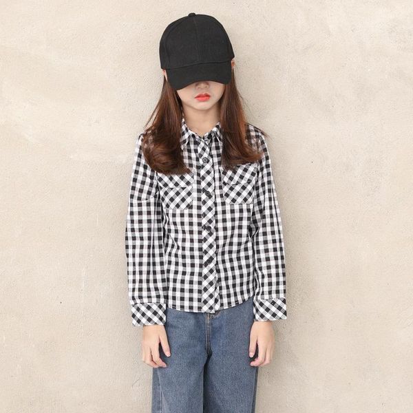 

to16 years girls 2021 spring blouse turn-down collar children cotton for teen baby plaid blouse, #8602 shirts, White;black