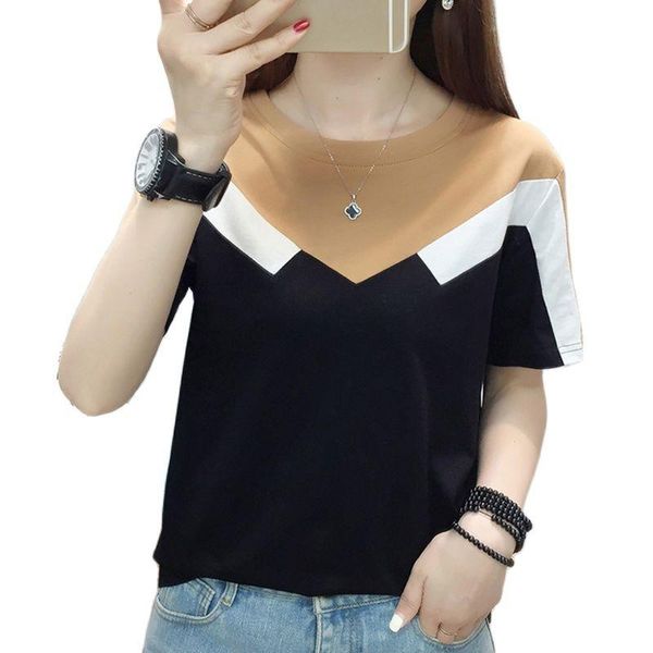 

women's t-shirt korean style casual o-neck t shirt women summer cotton tee femme short sleeves woman clothes tshirts patchwork tshirt, White