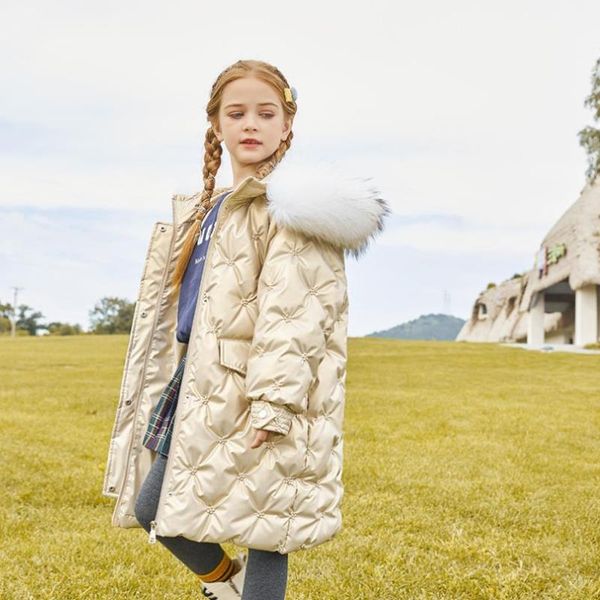 

down coat 2021 winter real fur collar jacket children thicker warm outerwear baby girl 90% white duck coats -30 degree, Blue;gray