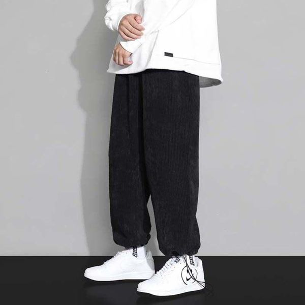 

men's pants men trousers corduroy solid color large wide leg autumn winter drawstring leggings sport leisure the listing, Black