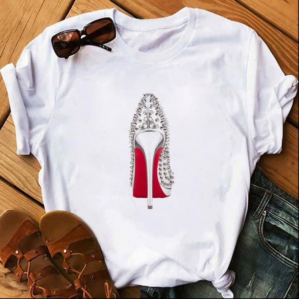 

women womens watercolor high heels print vogue t shirt funny 90s hop punk tee fashion streetwear, White